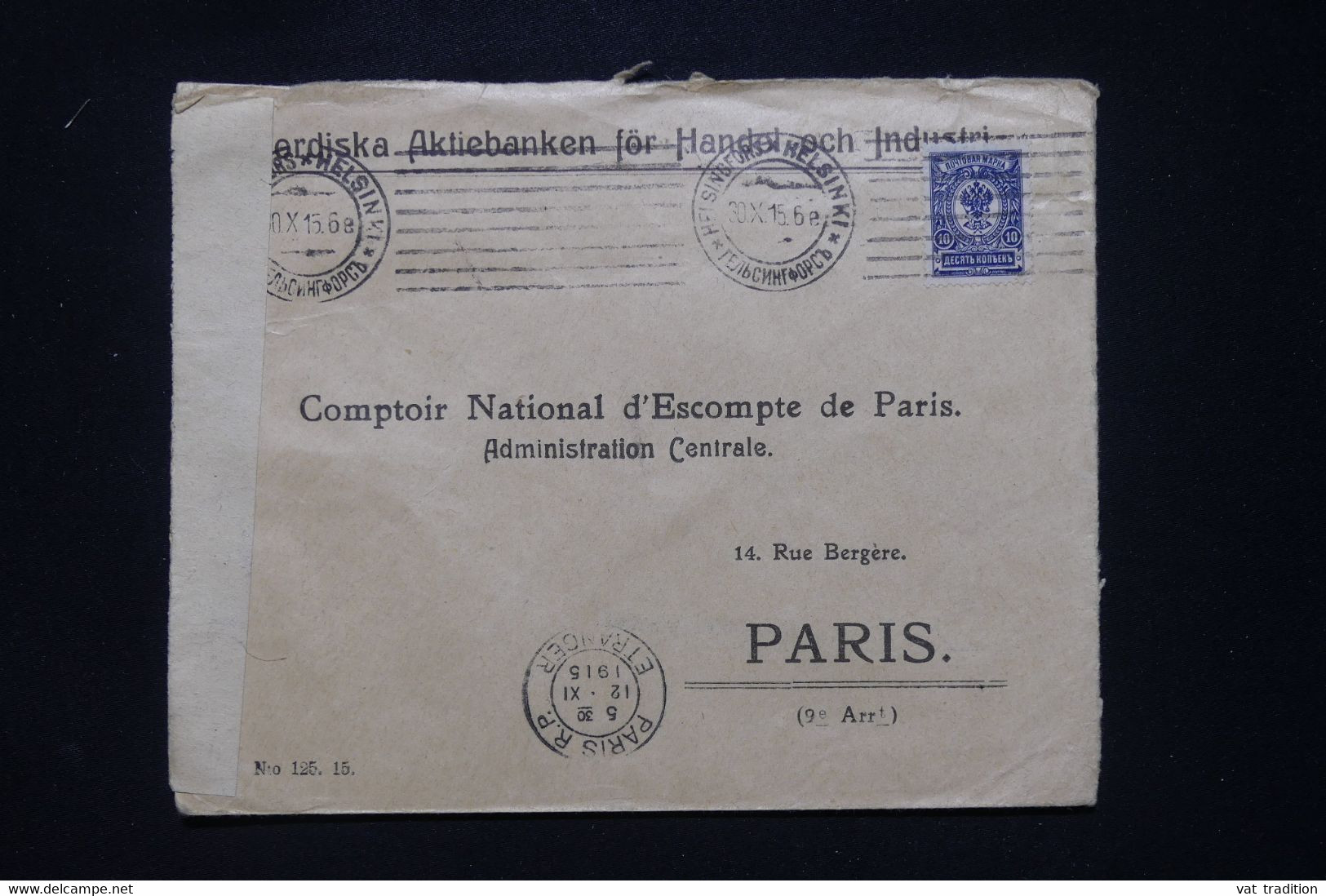 FINLANDE - Enveloppe Commerciale De Helsinki Pour Paris En 1915 Avec Contrôle Postal - L 107842 - Brieven En Documenten