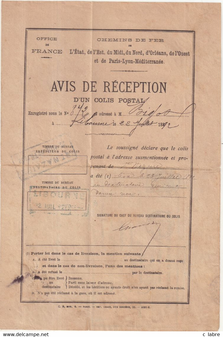 FRANCE : ENTIER POSTAL . 5 Cts VERT . TYPE SAGE . " AVIS DE RECEPTION DE COLIS POSTAL " . OBL . B . 1892 . - Cartas & Documentos