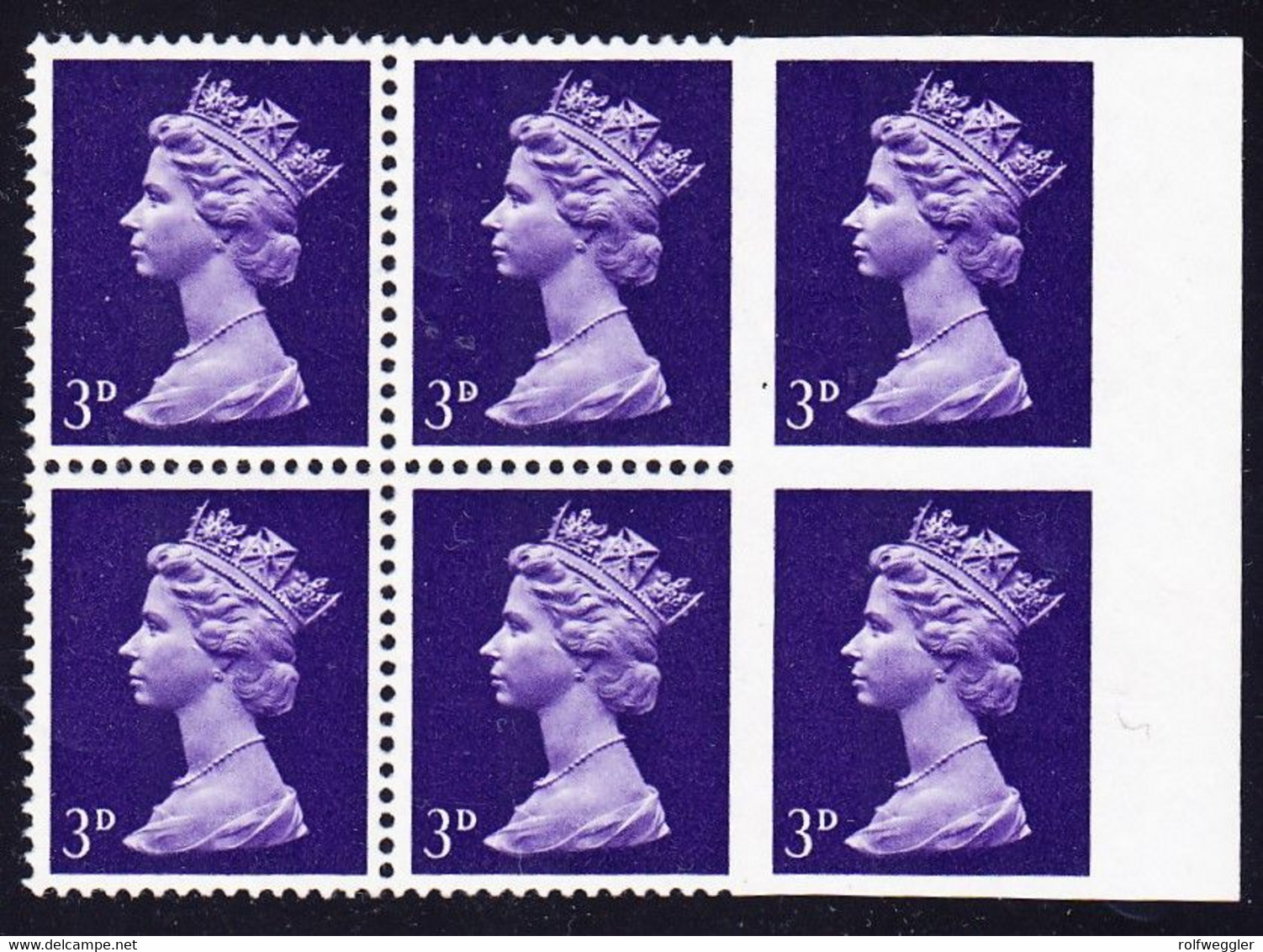 1967 Pre-decimal Machins 3d, Violet In Right Marginal Block Of 6, Both Right Stamps Inperforate, Mint Never - Abarten & Kuriositäten