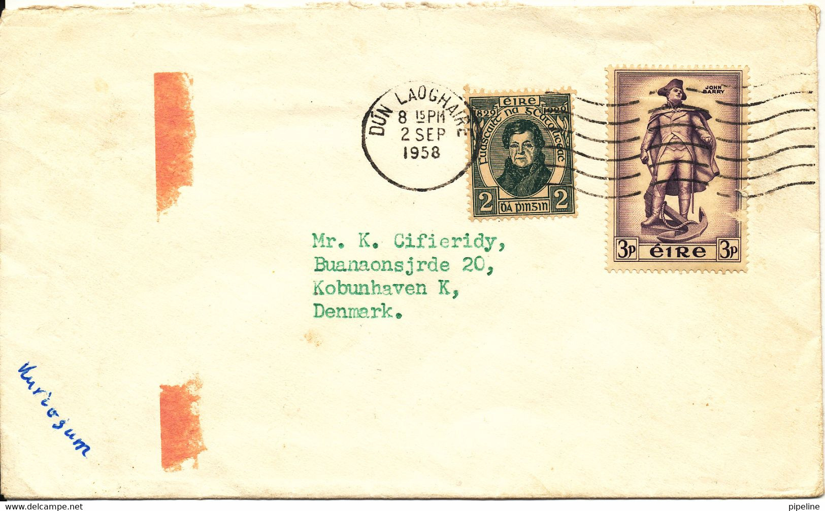 Ireland Cover Sent To Denmark Dun Laoghaire 2-9-1958 (one Of The Stamps Damaged) - Briefe U. Dokumente