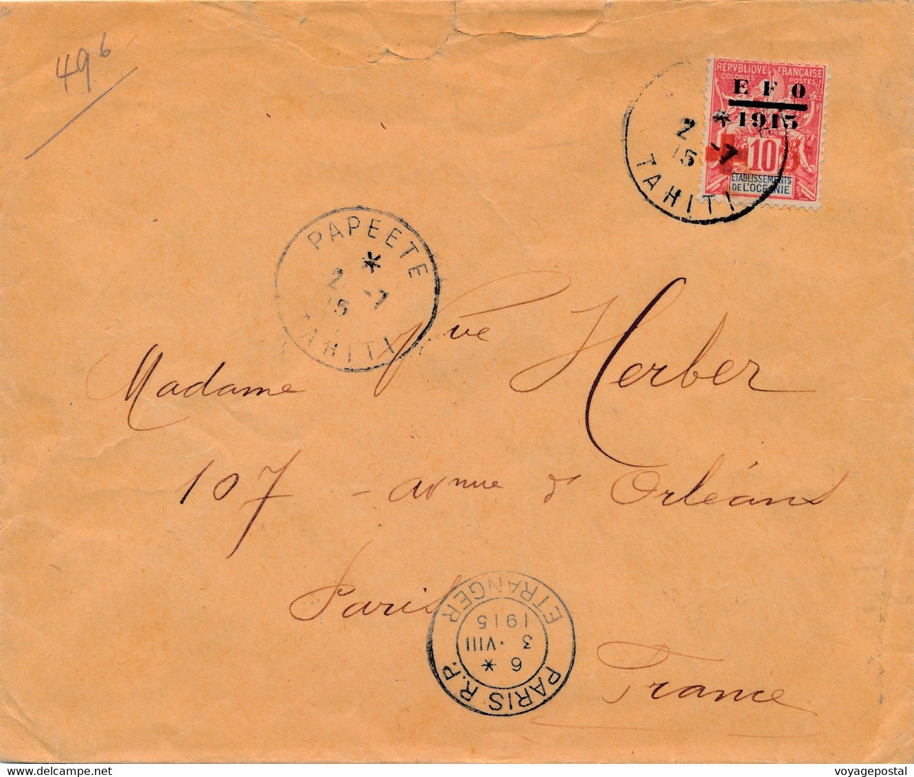 LETTRE PAPEETE TAHITI TIMBRE SURCHARGE EFO 1915 CROIX ROUGE PARIS COVER - Covers & Documents