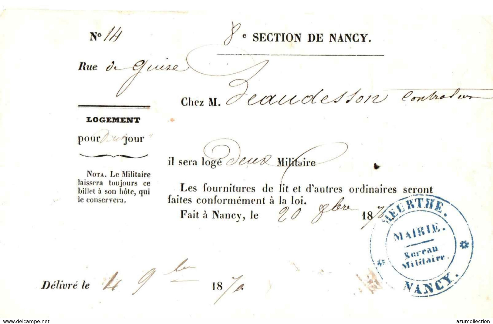 GUERRE 1870 . LOGEMENT MILITAIRE . NANCY . 8EM SECTION - Drapeaux