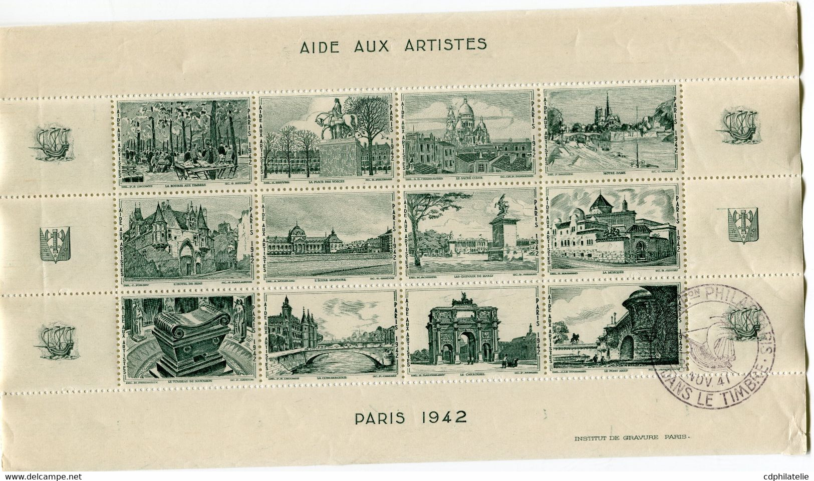 FRANCE BLOC DE 12 VIGNETTES " AIDE AUX ARTISTES PARIS 1942 " 1VEC OBLITERATION ILLUSTREE DU 23 NOV 41 - Blocs & Carnets