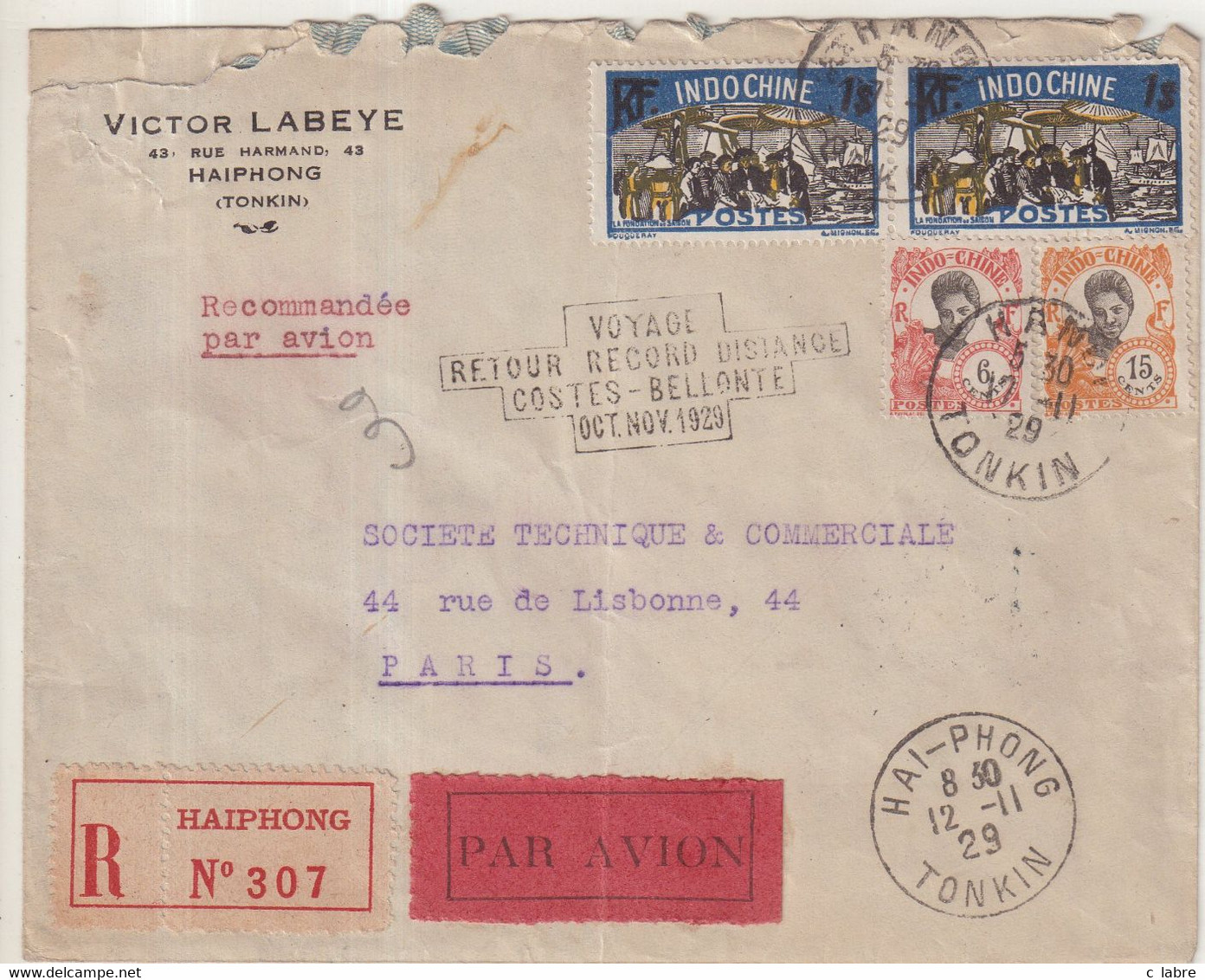 INDOCHINE : PA . REC . " HAI - PHONG " . VIA HANOI . POUR PARIS . PAR COSTE ET BELLONTE . 1929 . - Lettres & Documents