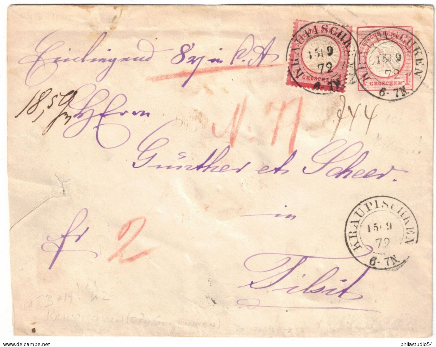 1872, Umschlag 1 Gr. Kl. Schild Mit 1 Gr. Zusatz, Wertbrief Ab "KRAUPISCHKEN" Nach Tilsit. Seltener Ostpreussen-Stempel - Macchine Per Obliterare (EMA)