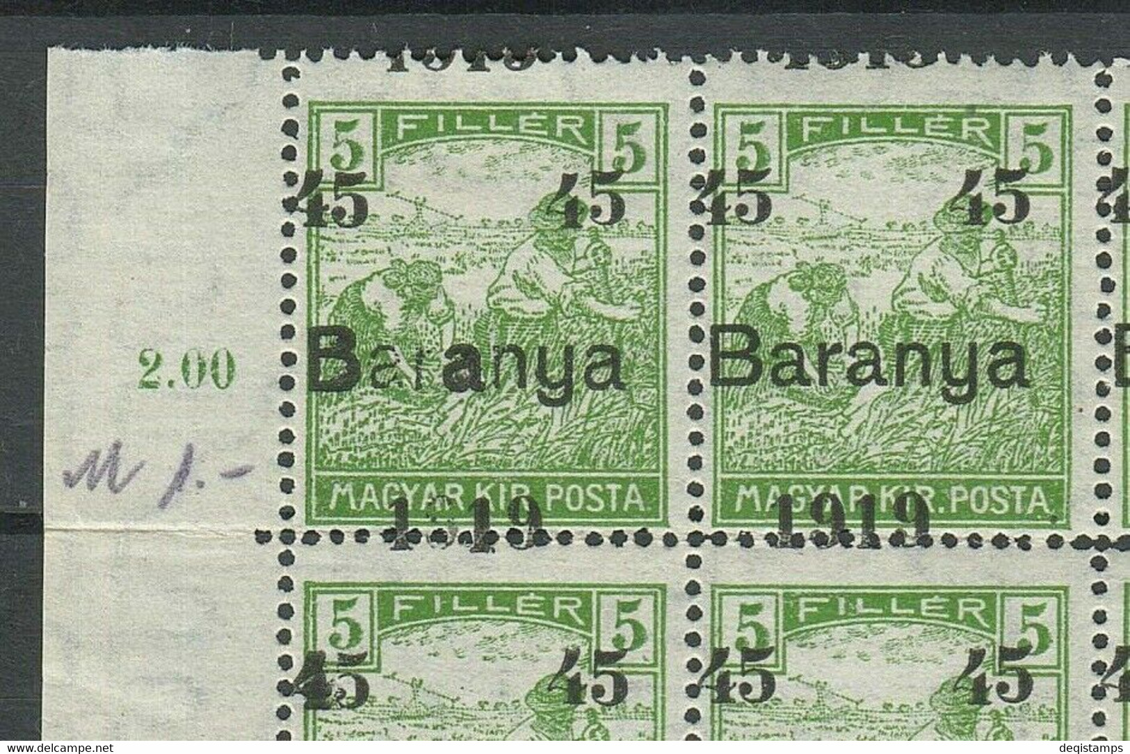 Hungary Baranya 1919 ☀ 45f/5f Block With Error ☀ MH/MNH - Baranya