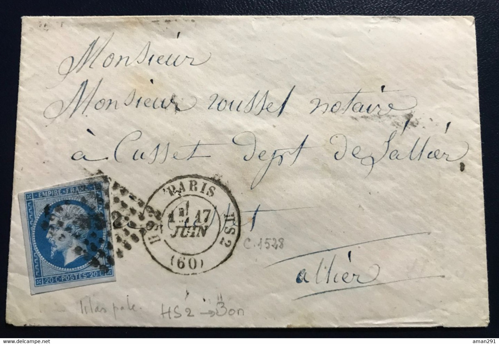 LOT N : YT 14 B LILAS PALE Sur Petite Enveloppe - Oblit. PARIS HS 2 - Scans Recto Verso - TTB - 1853-1860 Napoleon III