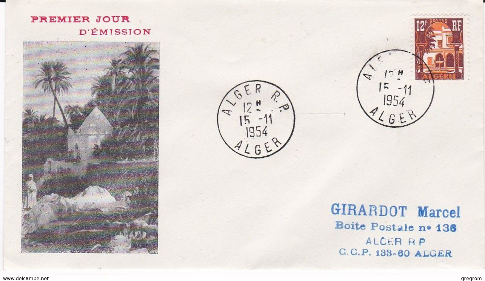 FRANCE , ALGERIE (CM ) Enveloppe FDC 1er Jour , Yt 313 B, Obl Alger  15/11/1954  ( Maximum Card ) - FDC