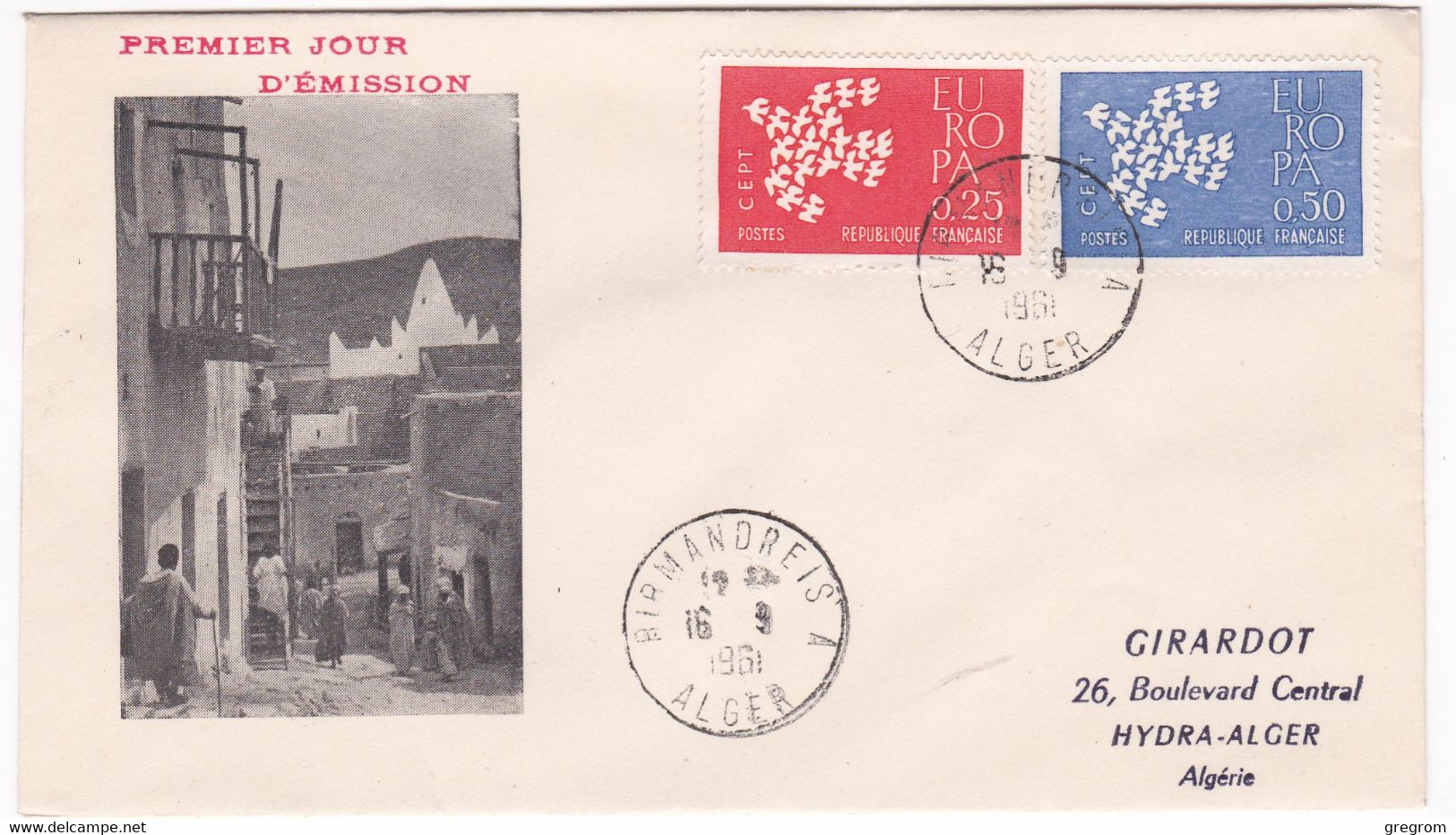 FRANCE , ALGERIE (CM ) Enveloppe FDC 1er Jour , Yt 1309 / 1310 Europa  Obl Alger 16/09/1961 ( Maximum Card ) - FDC