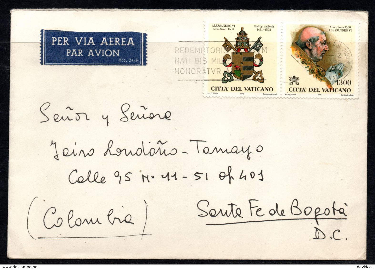 CA215- COVERAUCTION!!! - VATICAN 1998 TO BOGOTA, COLOMBIA - ALESSANDRO VI / ARMS - Brieven En Documenten