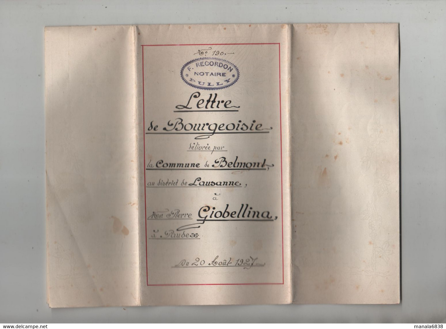 Lettre De Bourgeoisie Belmont Lausanne Giobellina Voiturier Camionneur Paudex 1927 Recordon Pully - Unclassified