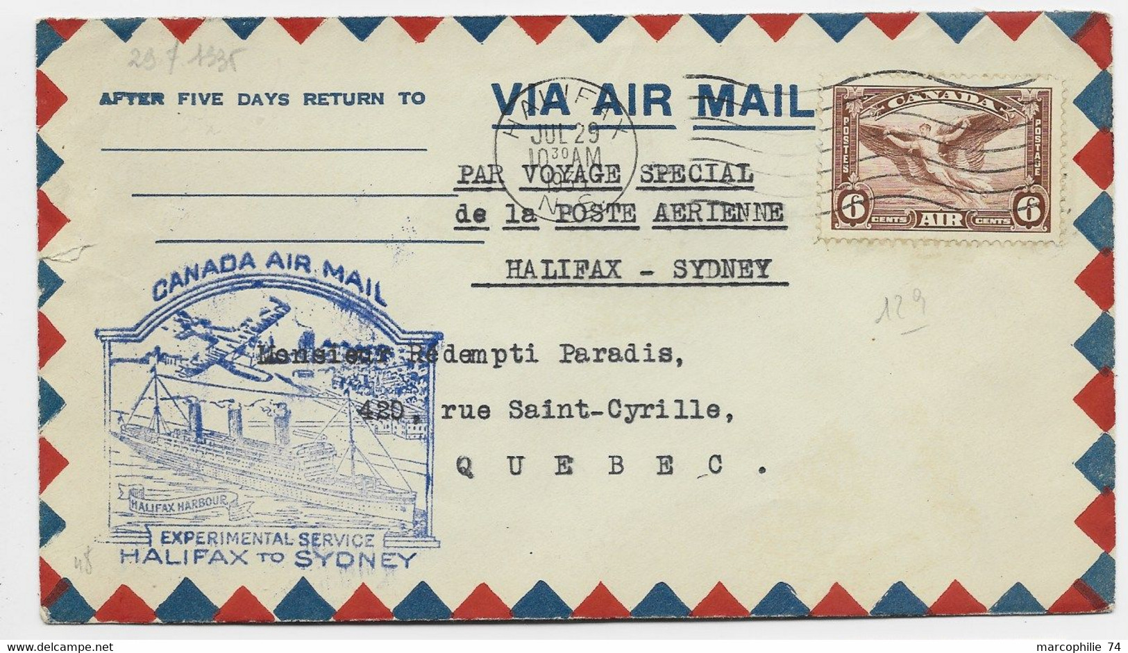 CANADA 6AIR SOLO LETTRE COVER AIR MAIL HALIFAX 1935 TO QUEBEC VOYAGE SPECIAL POSTE AERIENNE HALIFAX SYDNEY AUSTRALIA - Luchtpost