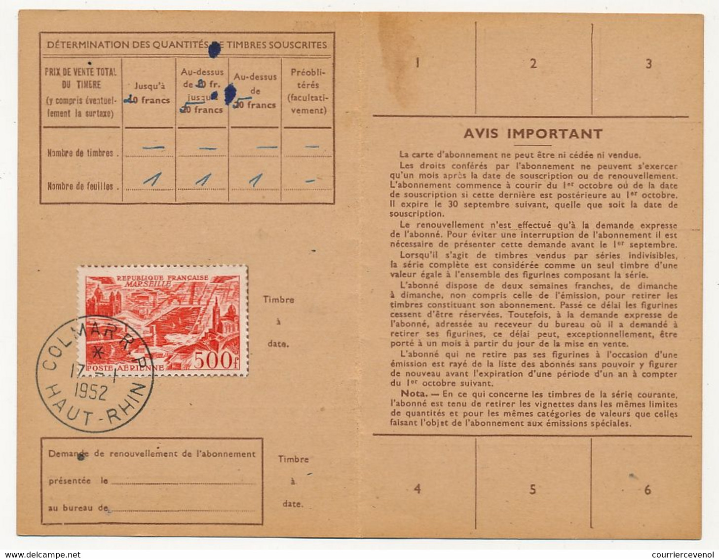 Carte D'abonnement Aux Timbres-poste Spéciaux Français, Affr 500F P.A Marseille, Obl Colmar R.P 17/1/1952 - 1927-1959 Covers & Documents