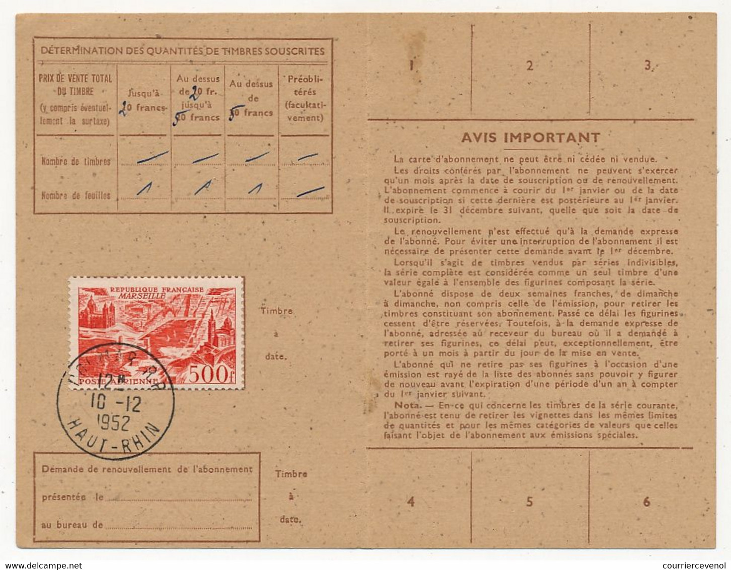 Carte D'abonnement Aux Timbres-poste Spéciaux Français, Affr 500F P.A Marseille, Obl Colmar R.P 10/12/1952 - 1927-1959 Covers & Documents