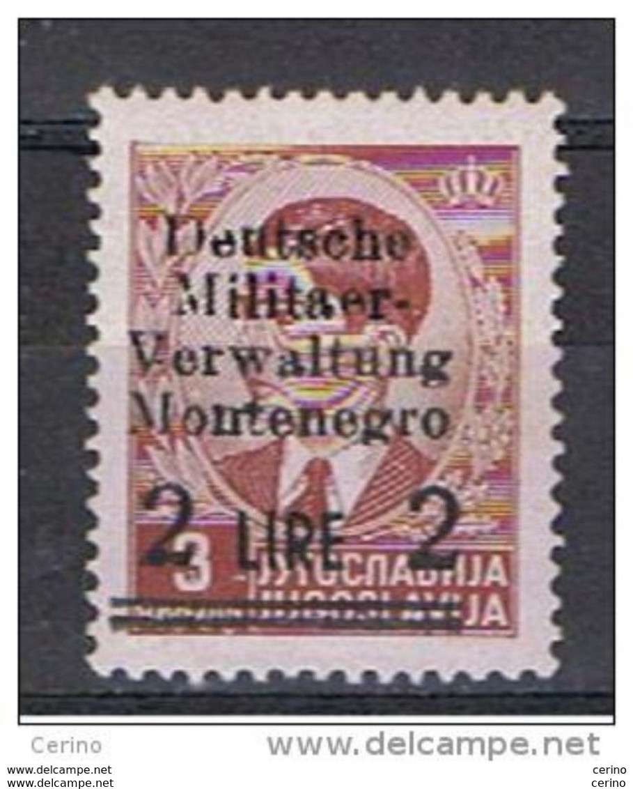 MONTENEGRO - OCCUPAZ. TEDESCA:  1943  SOPRASTAMPATO  -  £. 2/3 D. BRUNO  ROSSO  N. -  SASS. 4 - Duitse Bez.: Montenegro