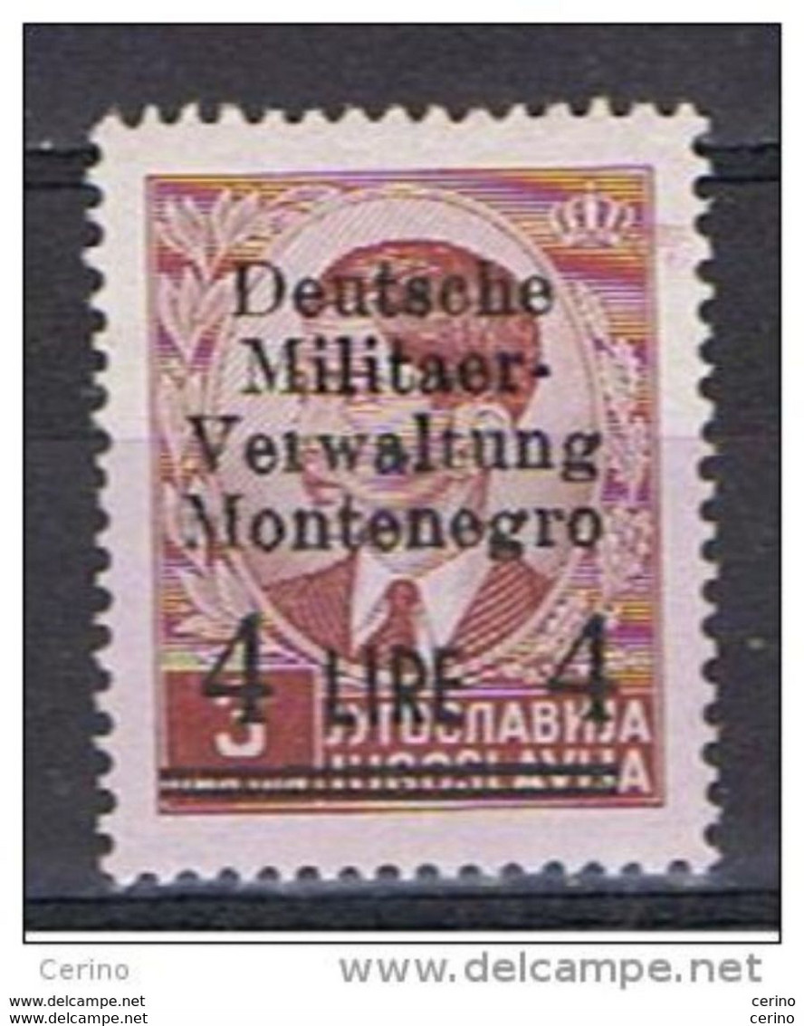 MONTENEGRO - OCCUPAZ. TEDESCA:  1943  SOPRASTAMPATO  -  £. 4/3 D. BRUNO  ROSSO  N. -  SASS. 5 - German Occ.: Montenegro