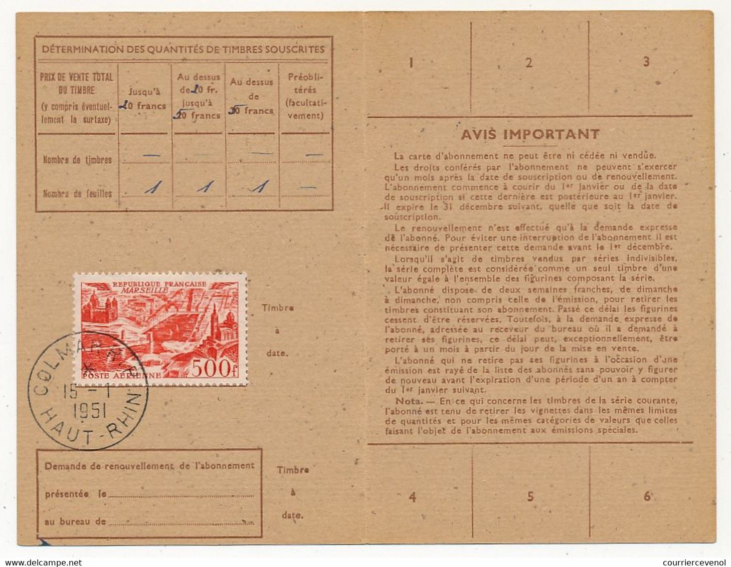 Carte D'abonnement Aux Timbres-poste Spéciaux Français, Affr 500F P.A Marseille, Obl Colmar R.P 15/1/1951 - 1927-1959 Lettres & Documents