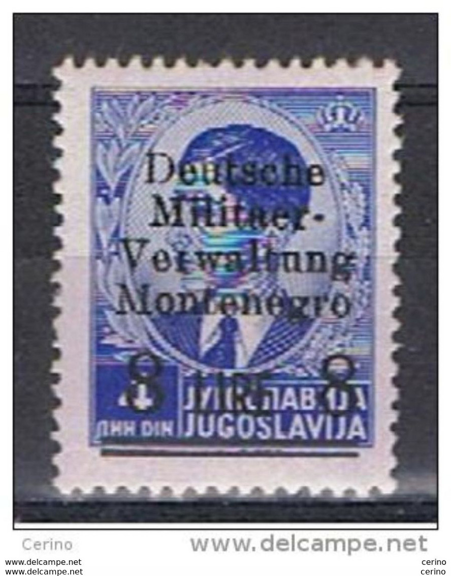 MONTENEGRO - OCCUPAZ. TEDESCA:  1943  SOPRASTAMPATO  -  £. 8/4 D. OLTREMARE  N. -  SASS. 7 - German Occ.: Montenegro