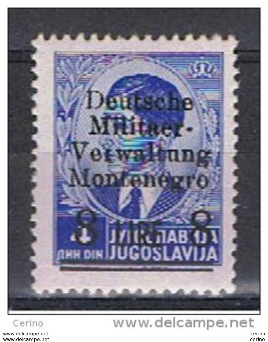 MONTENEGRO - OCCUPAZ. TEDESCA:  1943  SOPRASTAMPATO  -  £. 8/4 D. OLTREMARE  N. -  SASS. 7 - Ocu. Alemana: Montenegro
