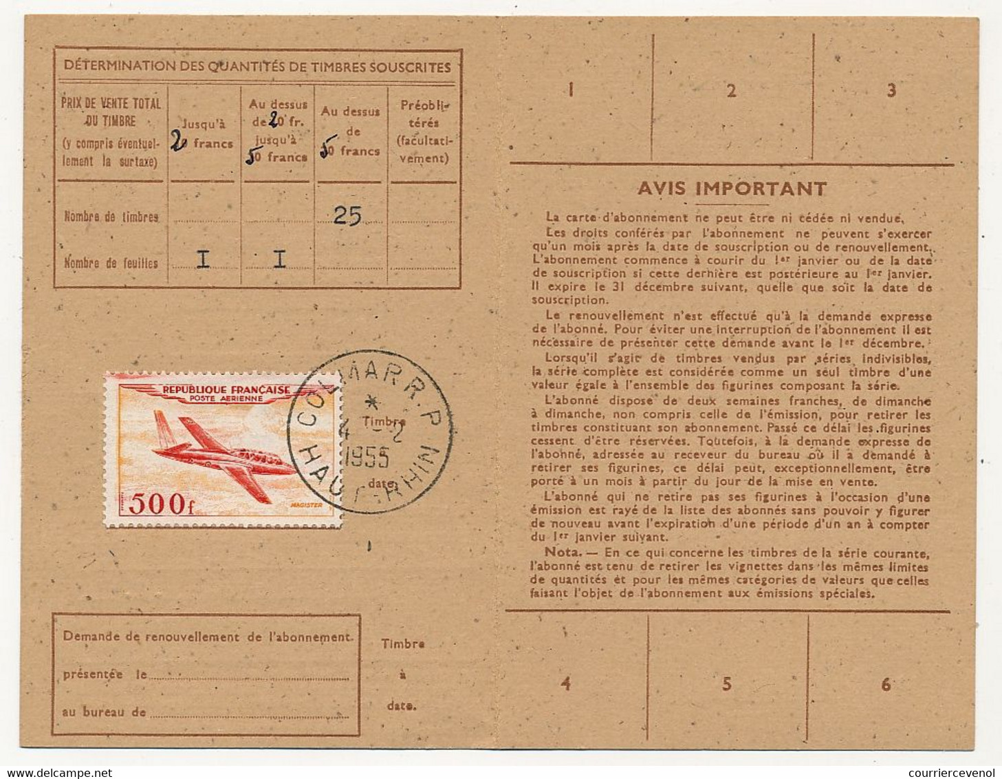 Carte D'abonnement Aux Timbres-poste Spéciaux Français, Affr 500F P.A Magister - Obl Colmar R.P 4/2/1955 - 1927-1959 Lettres & Documents