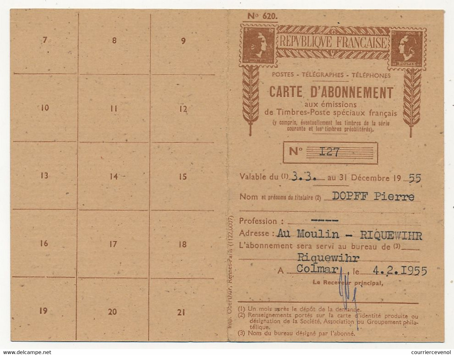 Carte D'abonnement Aux Timbres-poste Spéciaux Français, Affr 500F P.A Magister - Obl Colmar R.P 4/2/1955 - 1927-1959 Covers & Documents