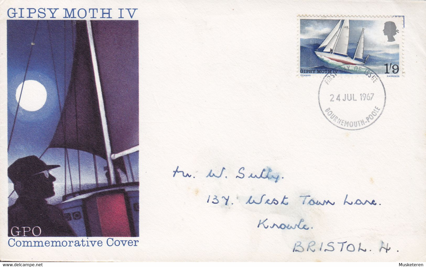 Great Britain Ersttags Brief FDC Cover 1967 GIPSY MOTH IV Round The World Sailing By Francis Chichester Sent To BRISTOL - 1952-1971 Dezimalausgaben (Vorläufer)