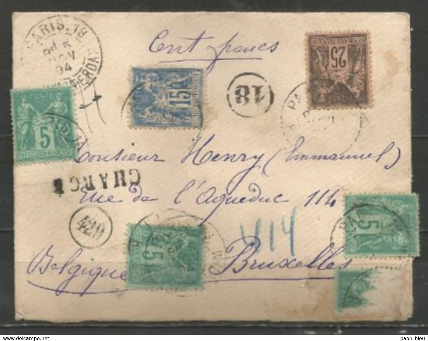 France - Type Sage - N°75+90+97 - Lettre PARIS à BRUXELLES - Cachets "CHARGE" + Bureau "18" + Verso Détail + Réception - 1876-1898 Sage (Type II)