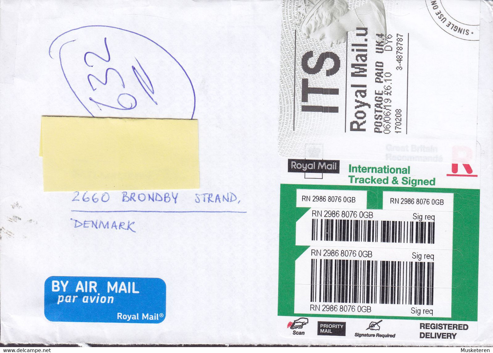 Great Britain Registered Tracked & Signed Label ITS Royal Mail & Postage Paid 2019 Cover Brief BRØNDBY STRAND Denmark - Covers & Documents