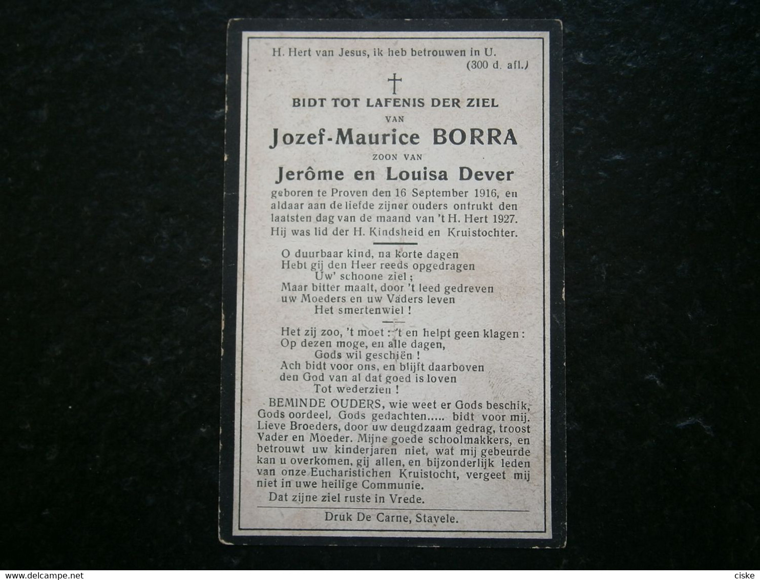 BP Jozef-Maurice Borra Zoon Jerome En Louisa Dever ° Proven 16 Sept 1916 + Proven 30 Juni 1927 - Religion & Esotericism