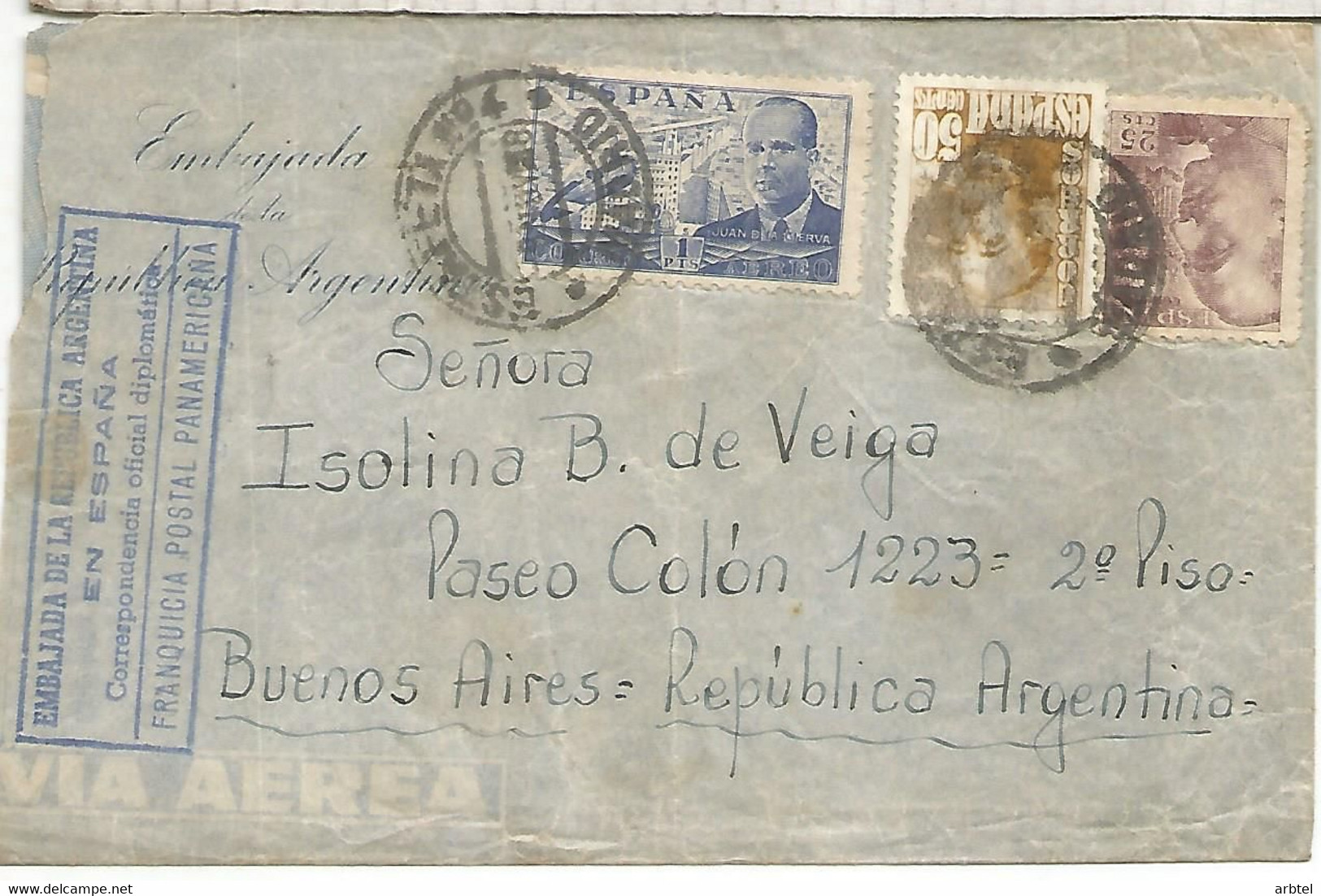 MADRID FRANQUICIA POSTAL PANAMAERICANA CON SOBRETASA AEREA EMBAJADA ARGENTINA - Vrijstelling Van Portkosten