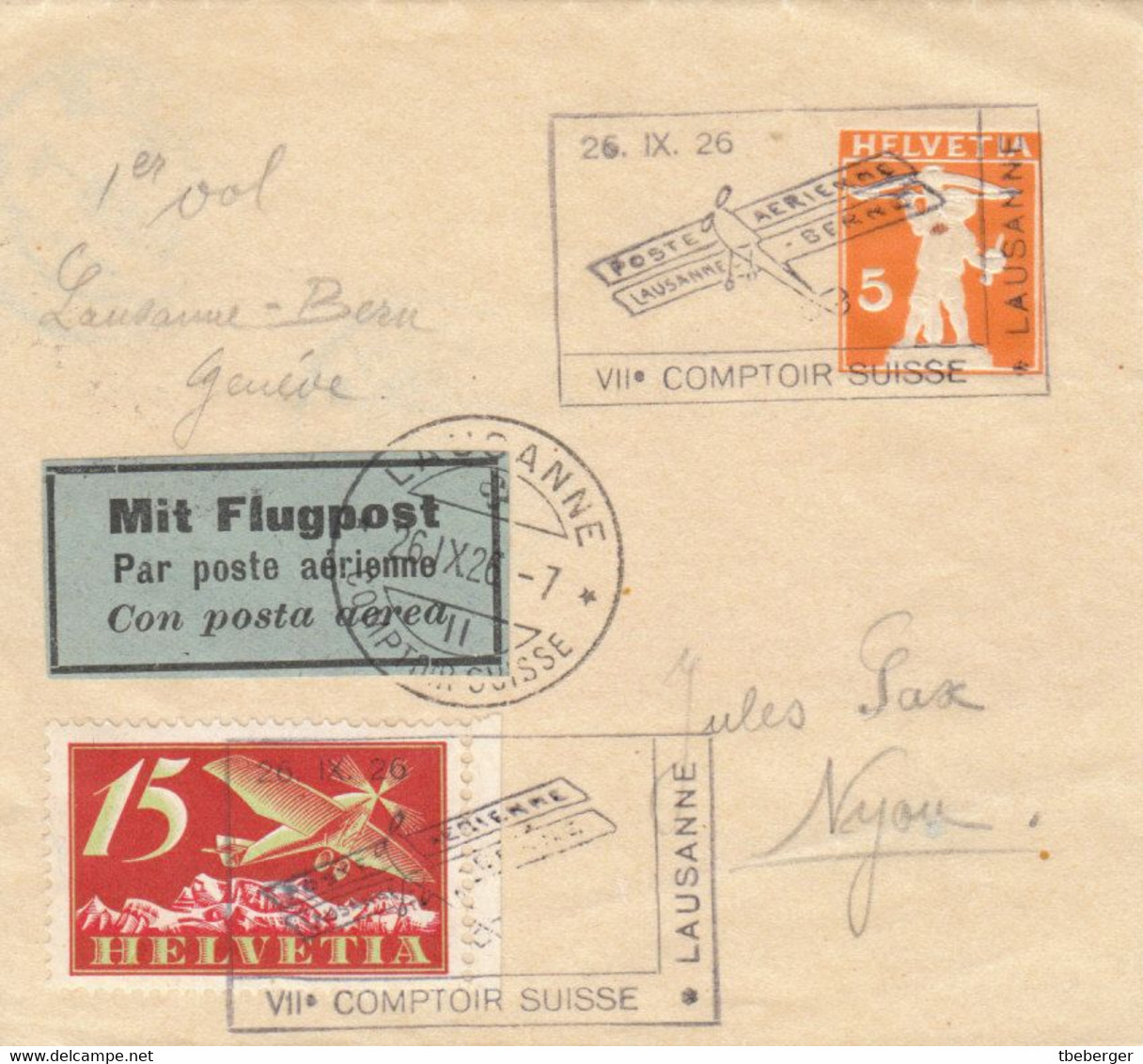 Schweiz 1926 Schleife Streifband 5 Rp. Rotorange Baer SB43 POSTE AERIENNE LAUSANNE - BERNE (r260) - Enteros Postales