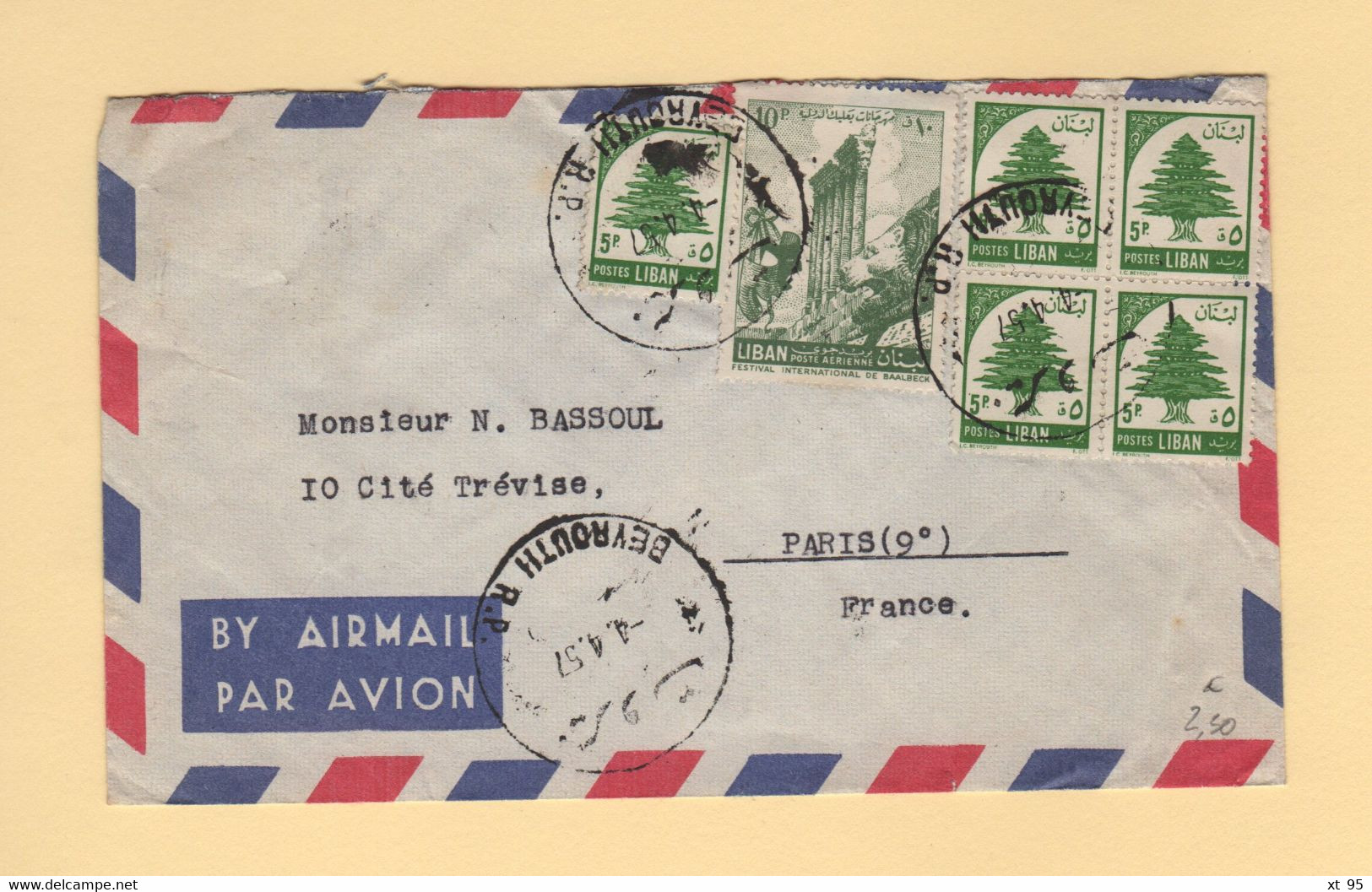 Liban - Beyrouth - 1957 - Par Avion Destination France - Liban