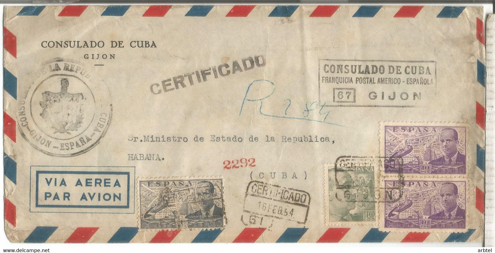 GIJON ASTURIAS 1954 CC CDA AEREA FRANQUICIA POSTAL AMERICO ESPAÑOLA CONSULADO DE CUBA ALTO FRANQUEO - Franquicia Postal