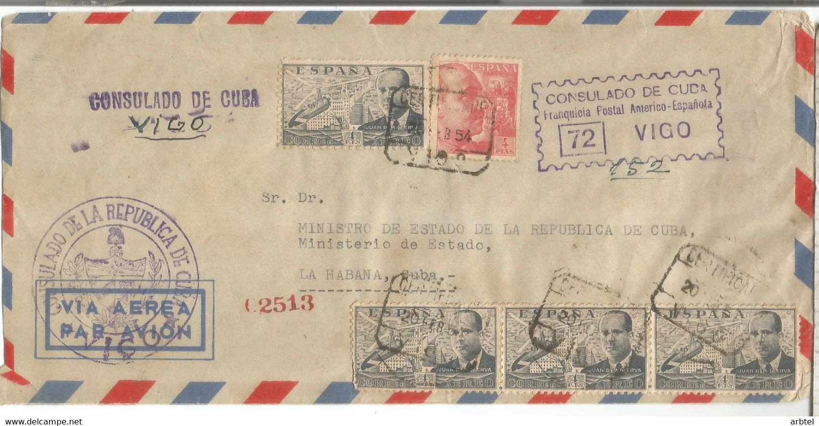 VIGO PONTEVEDRA 1954 CC CDA AEREA FRANQUICIA POSTAL AMERICO ESPAÑOLA CONSULADO DE CUBA ALTO FRANQUEO - Portofreiheit