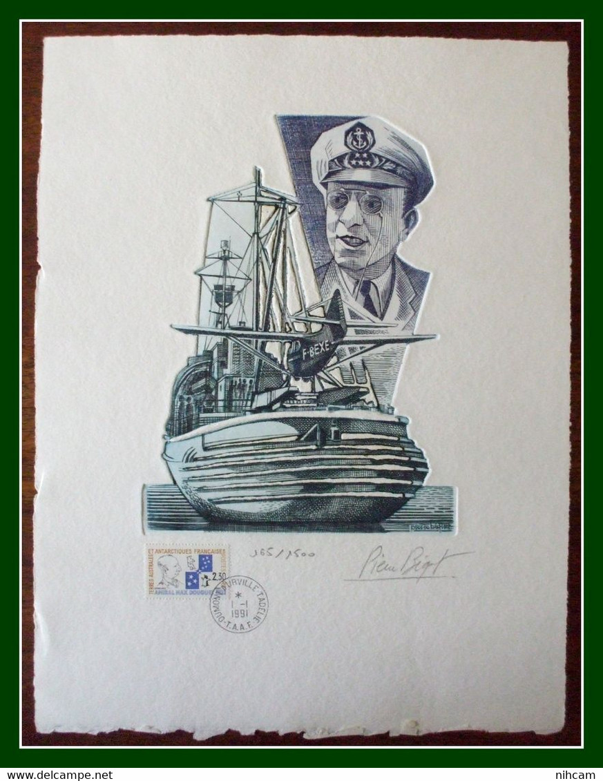 TAAF Gravure Lithographie / Velin 33 X 25 Cm Amiral M. Douguet N° 165/1500 Signée Béquet FDC N° 157 1991 - Imperforates, Proofs & Errors