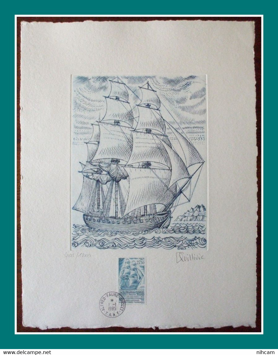 TAAF Gravure Lithographie / Velin 32,5 X 25 Cm L' Héroine N° 405/1200 Signée Quillivic FDC N° 202 1995 - Imperforates, Proofs & Errors