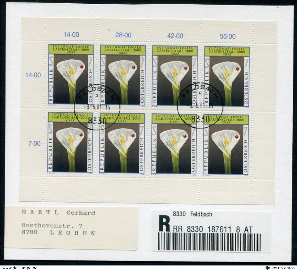 AUSTRIA 2000 Horticultural Show Sheetlet, Postally Used On Registered Card.  Michel 2305 Kb - Blocs & Feuillets