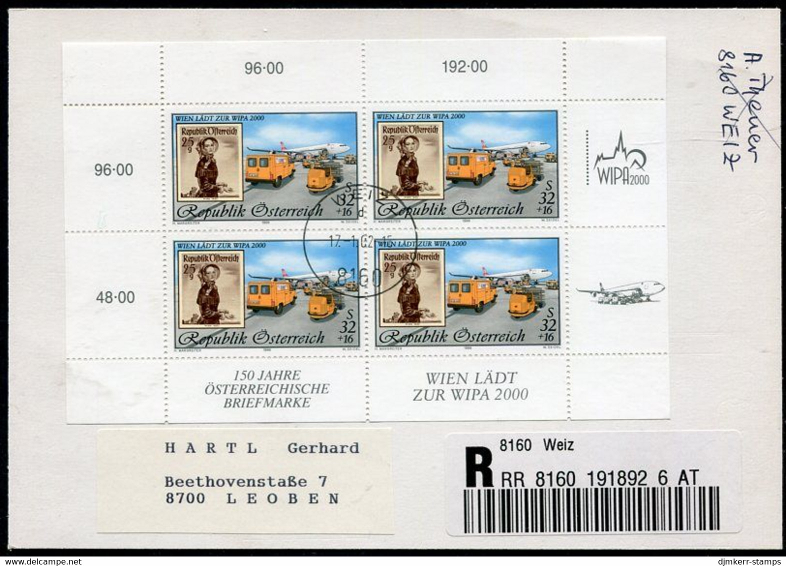 AUSTRIA 1999 WIPA 2000 III Sheetlet, Postally Used On Registered Card.  Michel 2292 Kb - Blocs & Feuillets