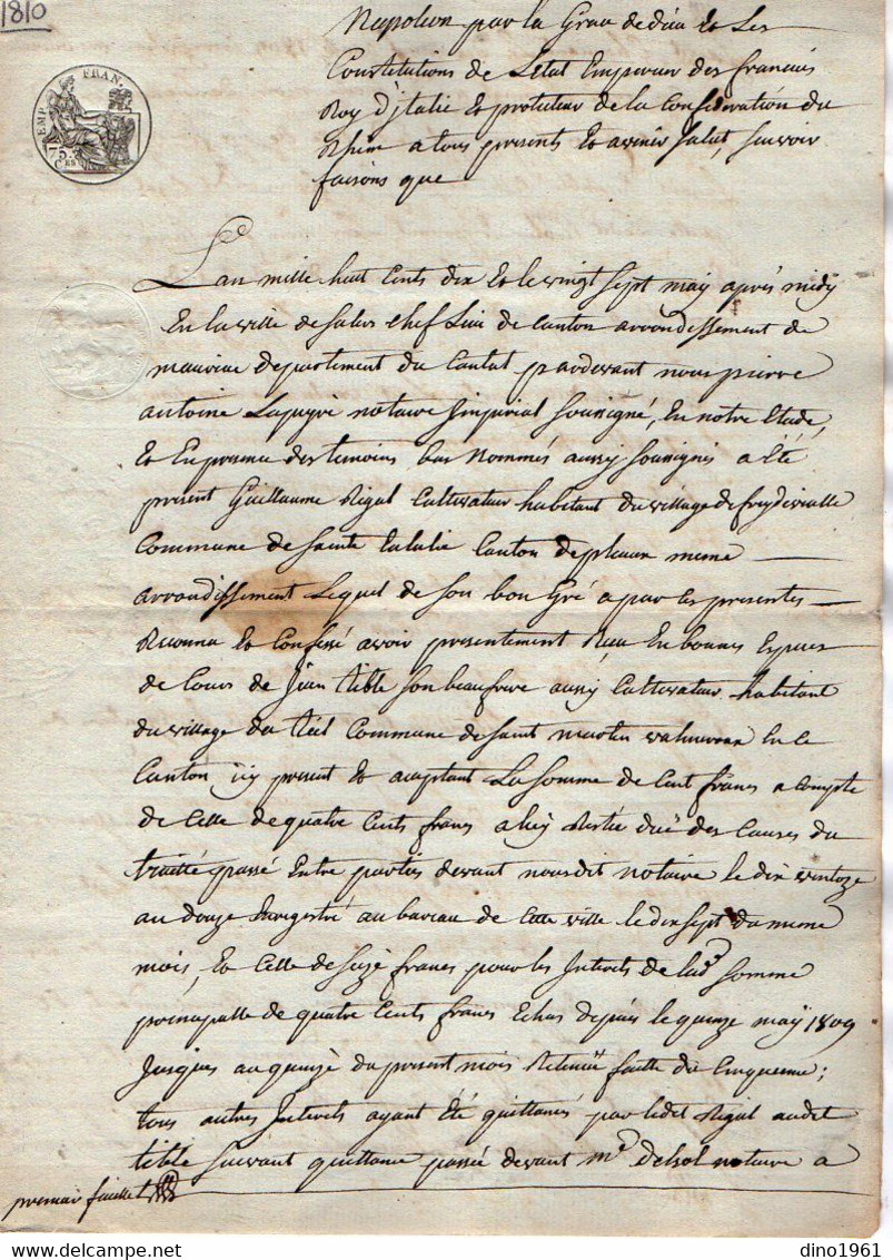 VP18.381 - Napoléon - SALERS - Acte De 1810 - Quittance Par Mr RIGAL De SAINTE EULALIE à TIBLE De SAINT MARTIN VALMEROUX - Manuscrits