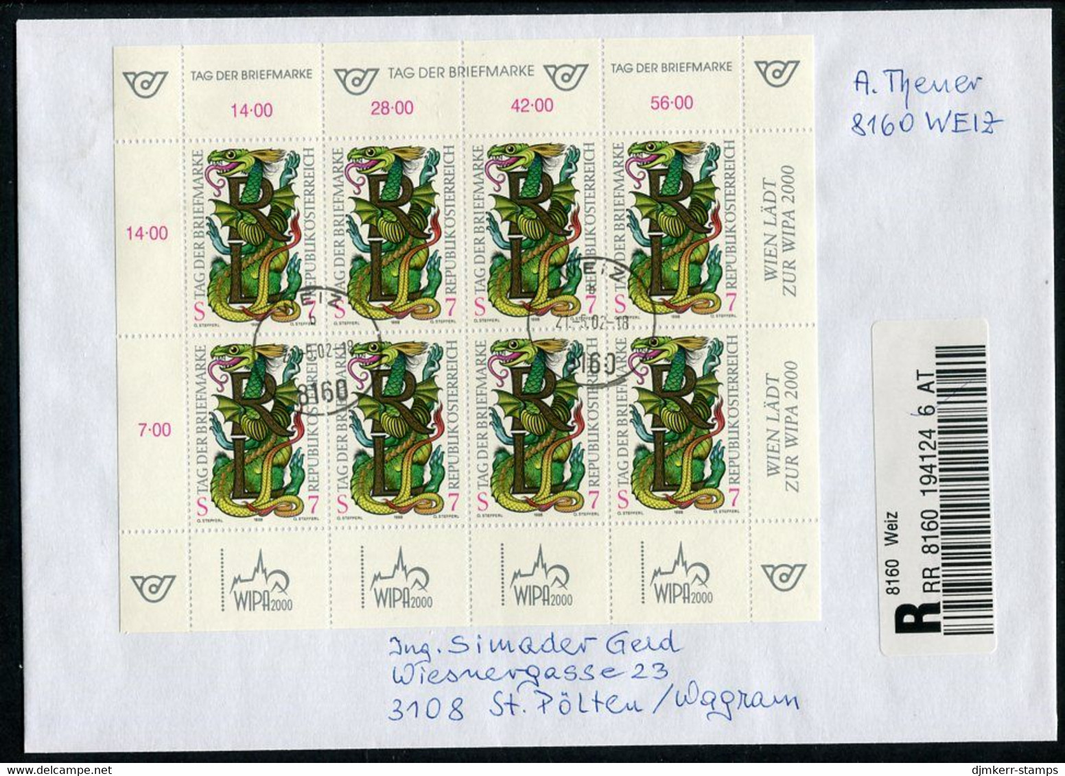 AUSTRIA 1998 Stamp Day Sheetlet, Postally Used On Registered Cover.  Michel 2260 Kb - Blocs & Hojas