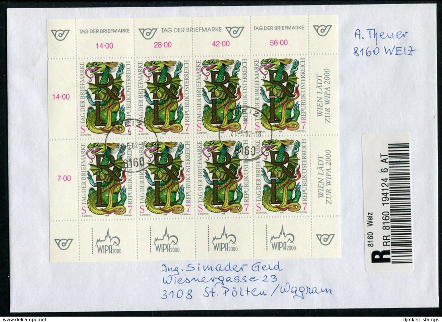 AUSTRIA 1998 Stamp Day Sheetlet, Postally Used On Registered Cover.  Michel 2260 Kb - Blocks & Sheetlets & Panes