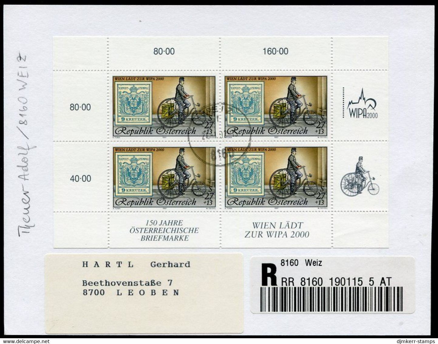 AUSTRIA 1997 WIPA 2000 I Sheetlet, Postally Used On Registered Card.  Michel 2222 Kb - Blocks & Kleinbögen