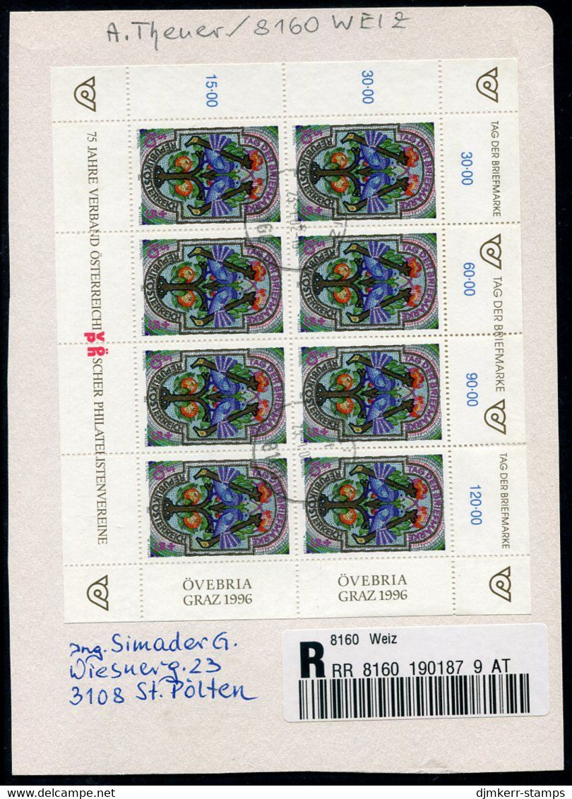 AUSTRIA 1996 Stamp Day Sheetlet,postally Used On Registered Card.  Michel 2187 Kb - Blocks & Kleinbögen