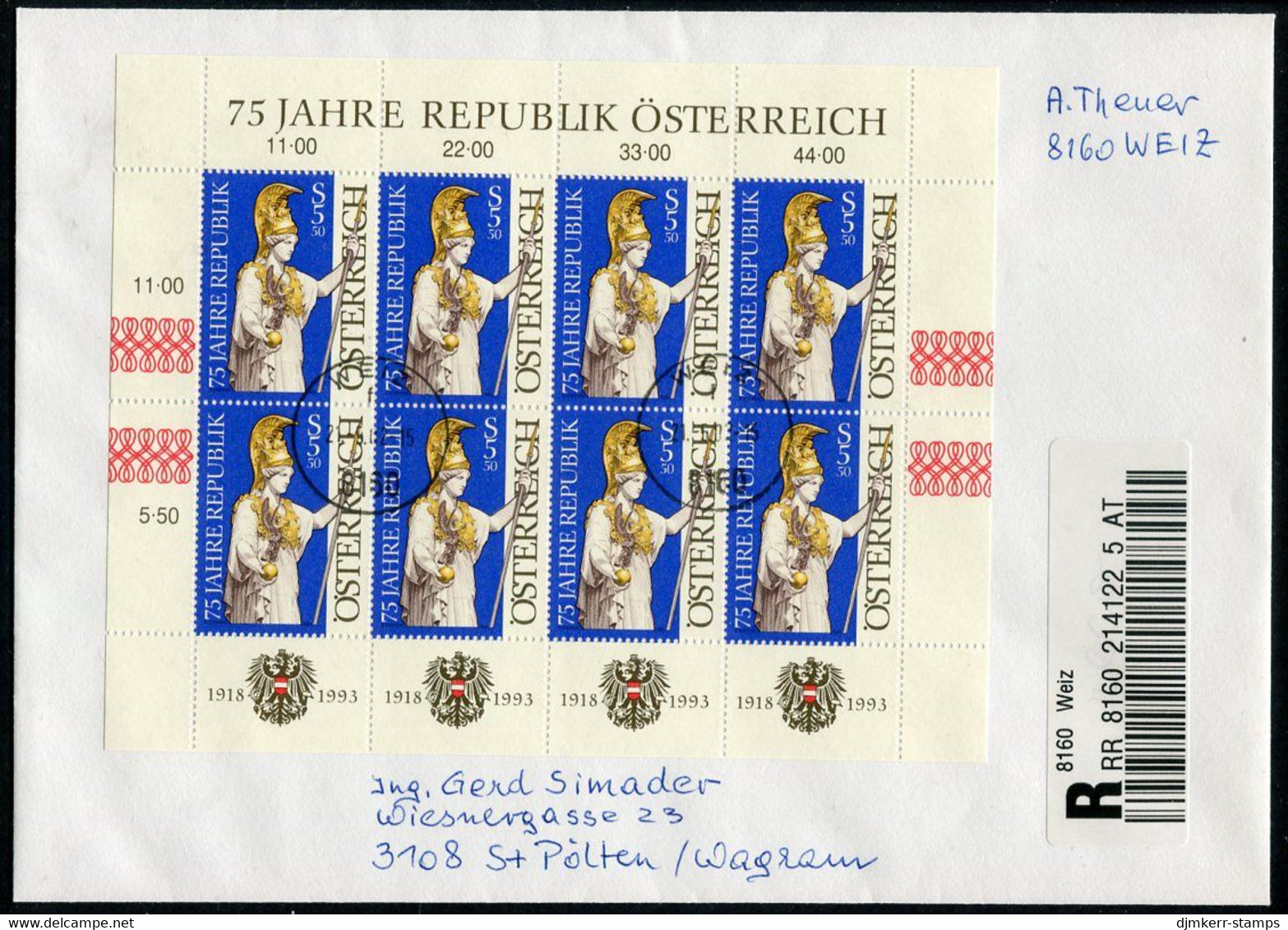 AUSTRIA 1993 Anniversary Of Republic Sheetlet, Postally Used On Registered Cover.  Michel 2113 Kb - Blokken & Velletjes