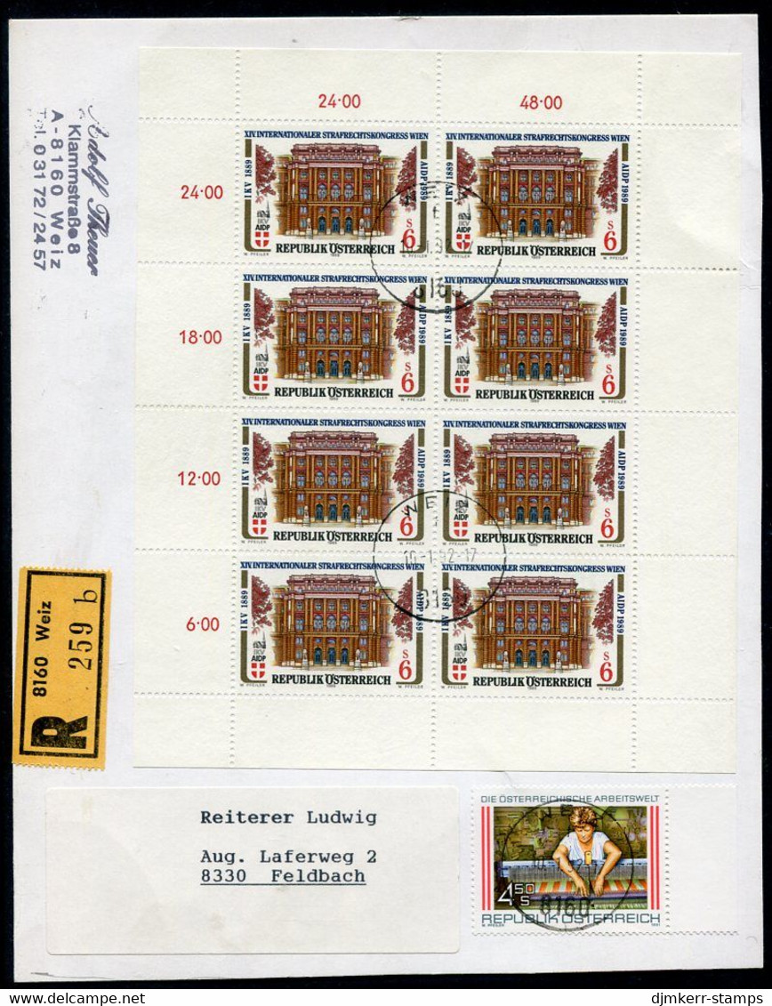 AUSTRIA 1989 International Criminal Law Congress Sheetlet, Postally Used On Registered Card.  Michel 1971 Kb - Blokken & Velletjes