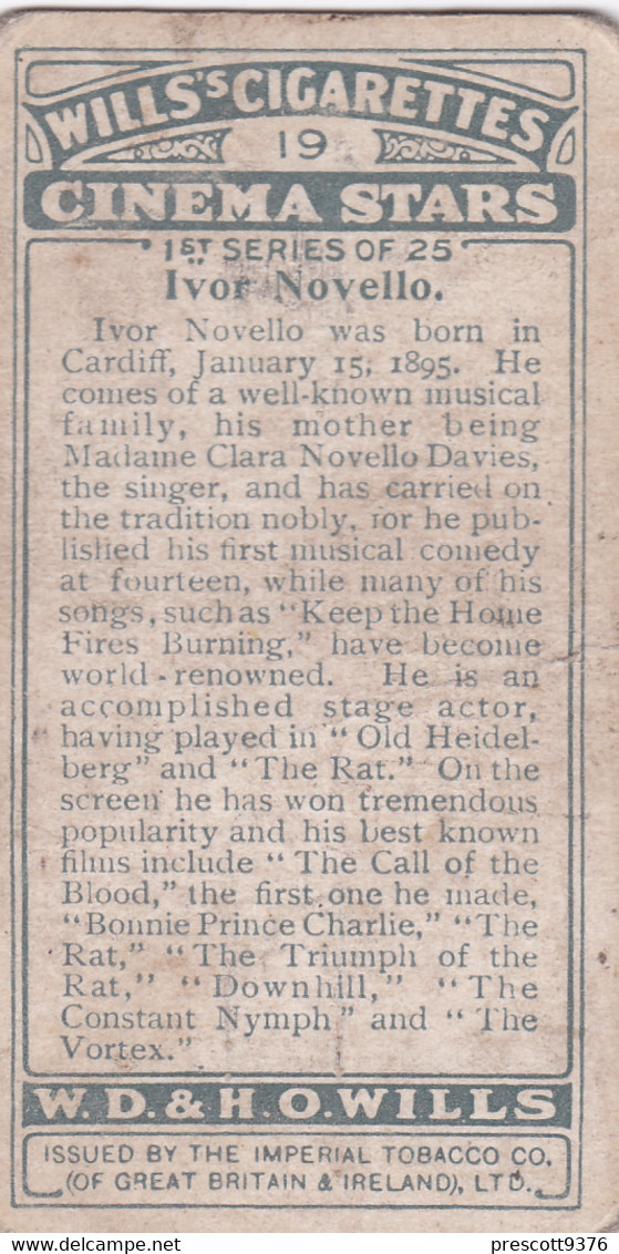 19 Ivor Novello - Cinema Stars 1928 - Wills Cigarette Card - Wills