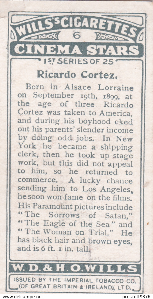 6 Ricardo Corte  - Cinema Stars 1928 - Wills Cigarette Card - Wills