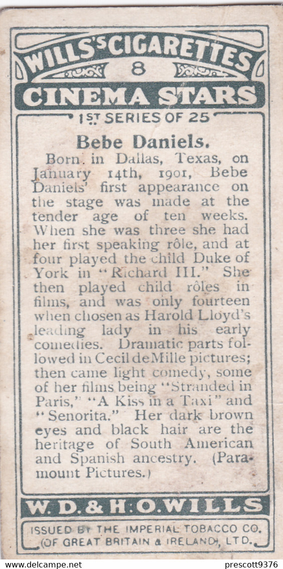 8 Bebe Daniels  - Cinema Stars 1928 - Wills Cigarette Card - Wills