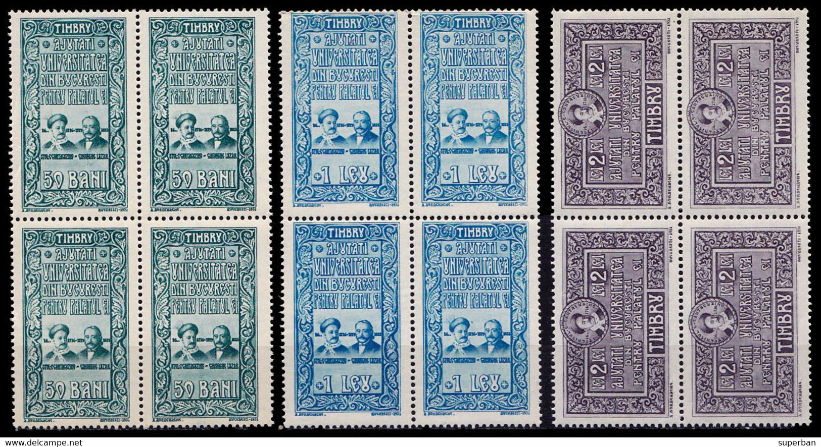 ROMANIA - CINDERELLA : AJUTATI UNIVERSITATEA DIN BUCURESTI PENTRU PALATUL EI - 3 X 4 TIMBRE / MNH - 1931 - RRR ! (ah639) - Revenue Stamps