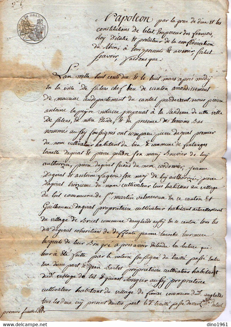 VP18.387 - Napoléon - SALERS - Acte De 1810 - Quittance Par Mr DAGIRAL De FONTANGES à BARBET De SAINT MARTIN VALMEROUX - Manuscrits